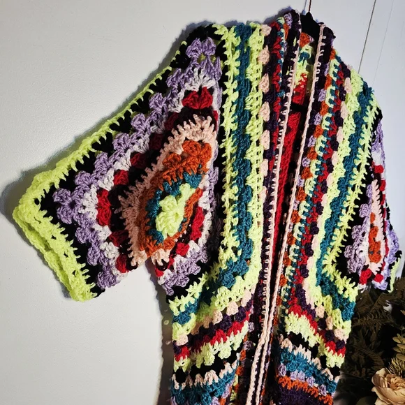 Handmade Crochet Maximalist Long Hex Square Granny Square Short Sleeve Cardigan - Picture 3 of 12